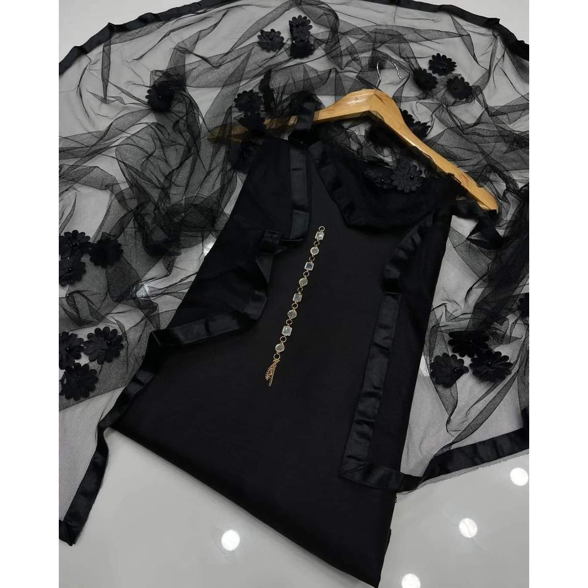 Premium Katan Silk Unstitched 3 Piece Suit With Net Dupatta For Women