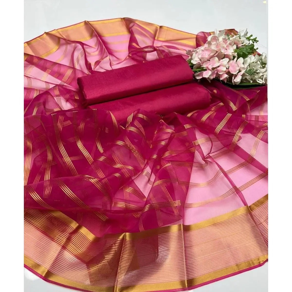 Premium Katan Silk Unstitched 3 Piece Suit With Organza Dupatta For Women
