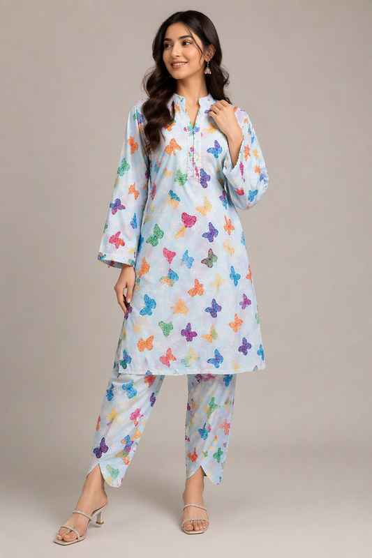 Digital Print Polo Cotton 2 Piece Suit for Girls – Butterfly Printed Shirt & Trouser Set | Soft Summer Casual & Party Wear Dress