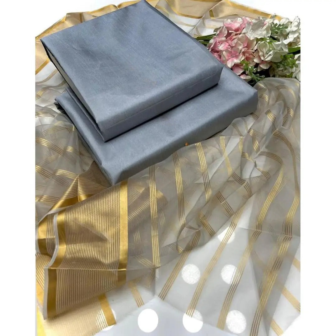 Premium Katan Silk Unstitched 3 Piece Suit With Organza Dupatta For Women