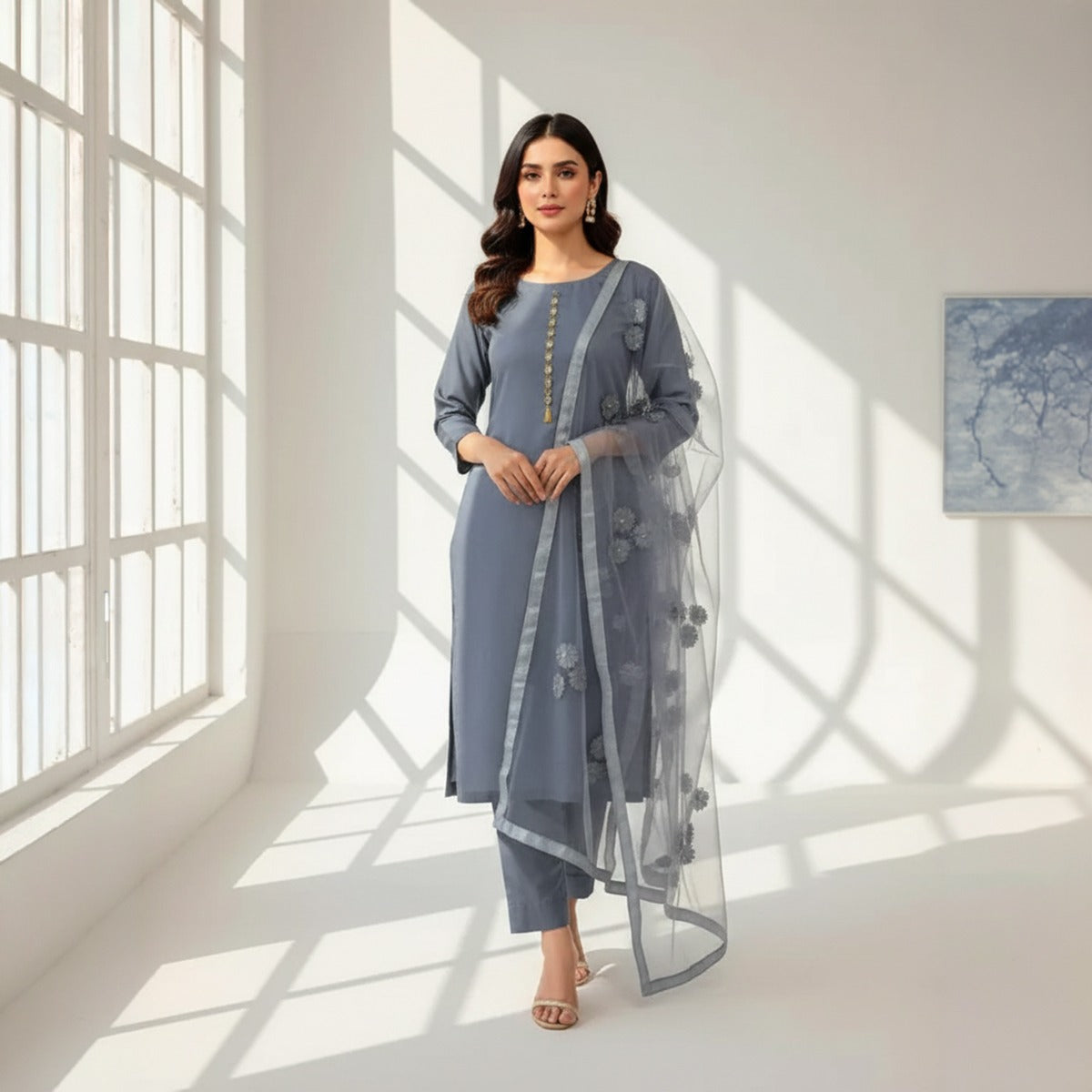 Premium Katan Silk Unstitched 3 Piece Suit With Net Dupatta For Women