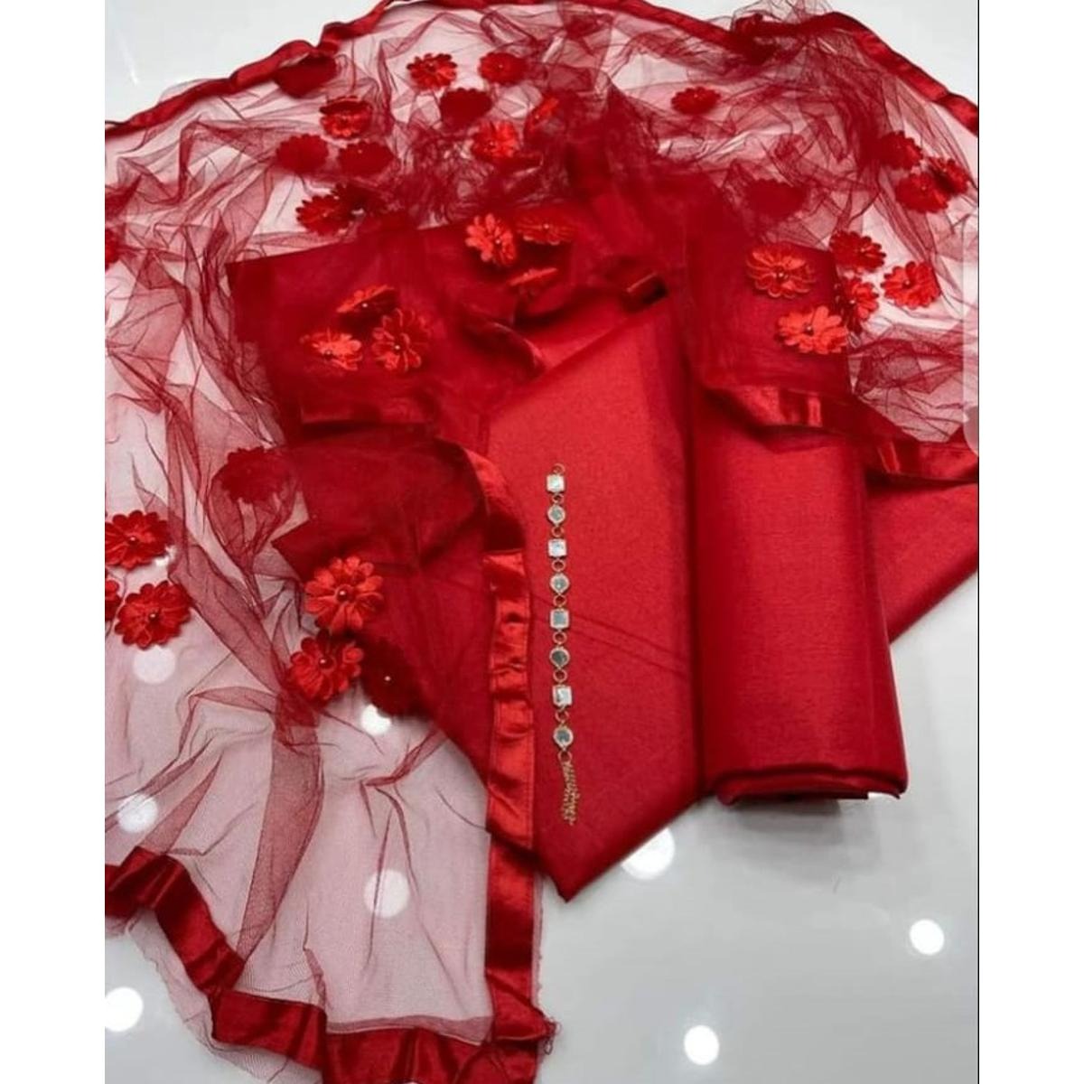 Premium Katan Silk Unstitched 3 Piece Suit With Net Dupatta For Women