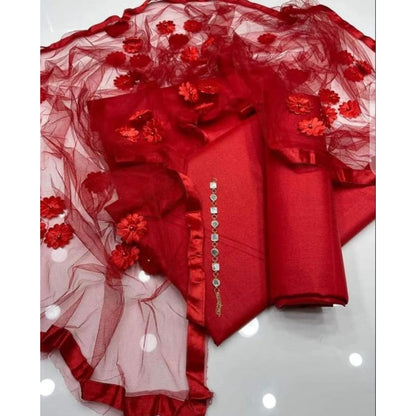 Premium Katan Silk Unstitched 3 Piece Suit With Net Dupatta For Women