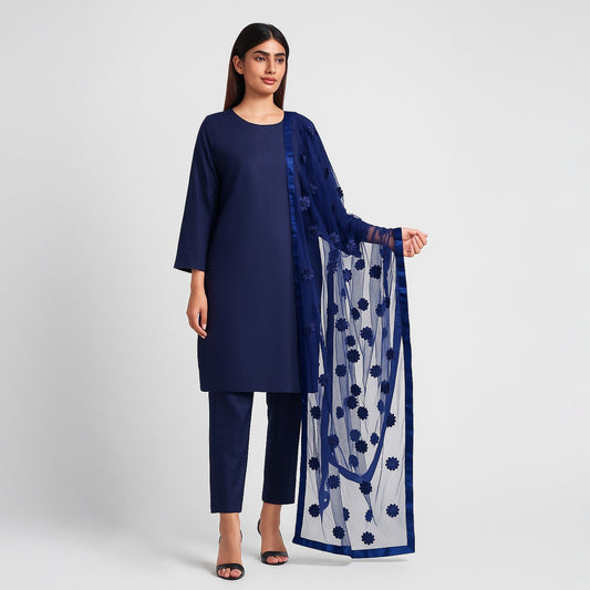 Premium Katan Silk Unstitched 3 Piece Suit With Net Dupatta For Women