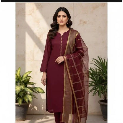 Premium Katan Silk Unstitched 3 Piece Suit With Organza Dupatta For Women