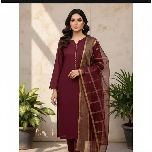 Premium Katan Silk Unstitched 3 Piece Suit With Organza Dupatta For Women