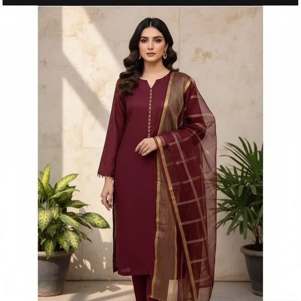 Premium Katan Silk Unstitched 3 Piece Suit With Organza Dupatta For Women