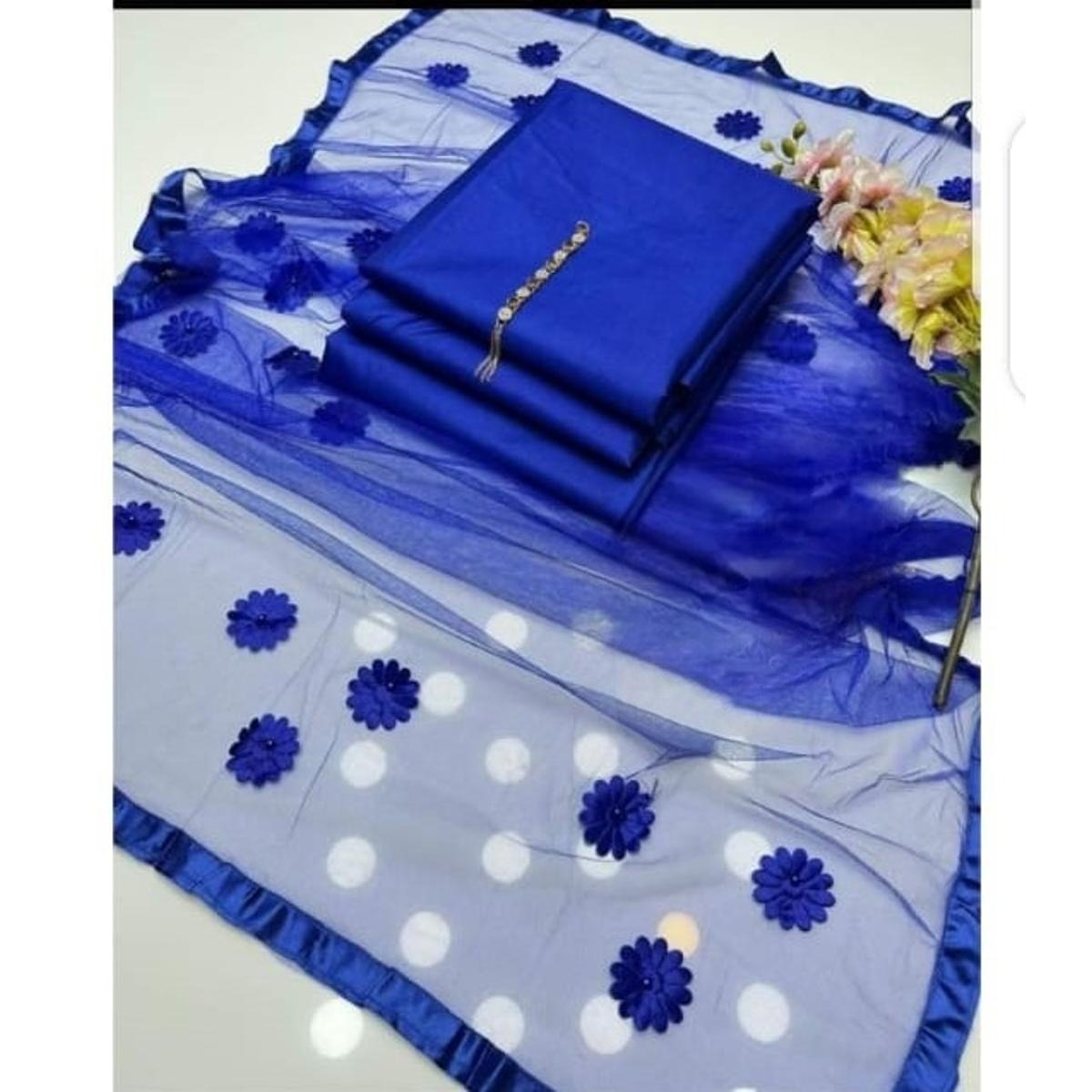 Premium Katan Silk Unstitched 3 Piece Suit With Net Dupatta For Women