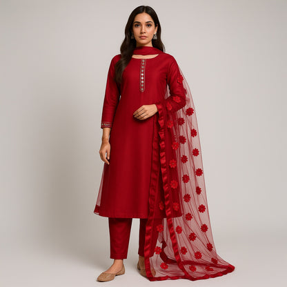 Premium Katan Silk Unstitched 3 Piece Suit With Net Dupatta For Women