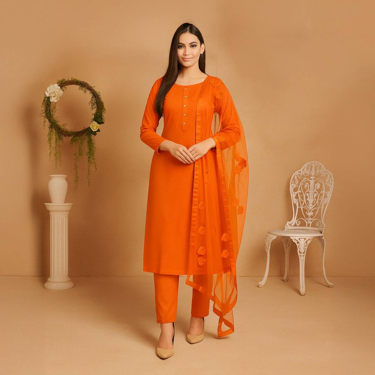 Premium Katan Silk Unstitched 3 Piece Suit With Net Dupatta For Women