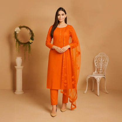 Premium Katan Silk Unstitched 3 Piece Suit With Net Dupatta For Women