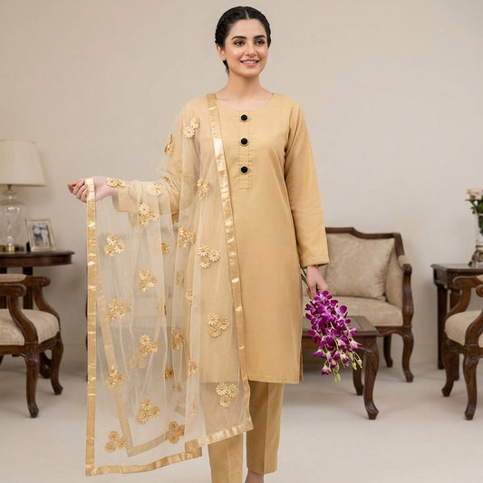 Premium Katan Silk Unstitched 3 Piece Suit With Net Dupatta For Women