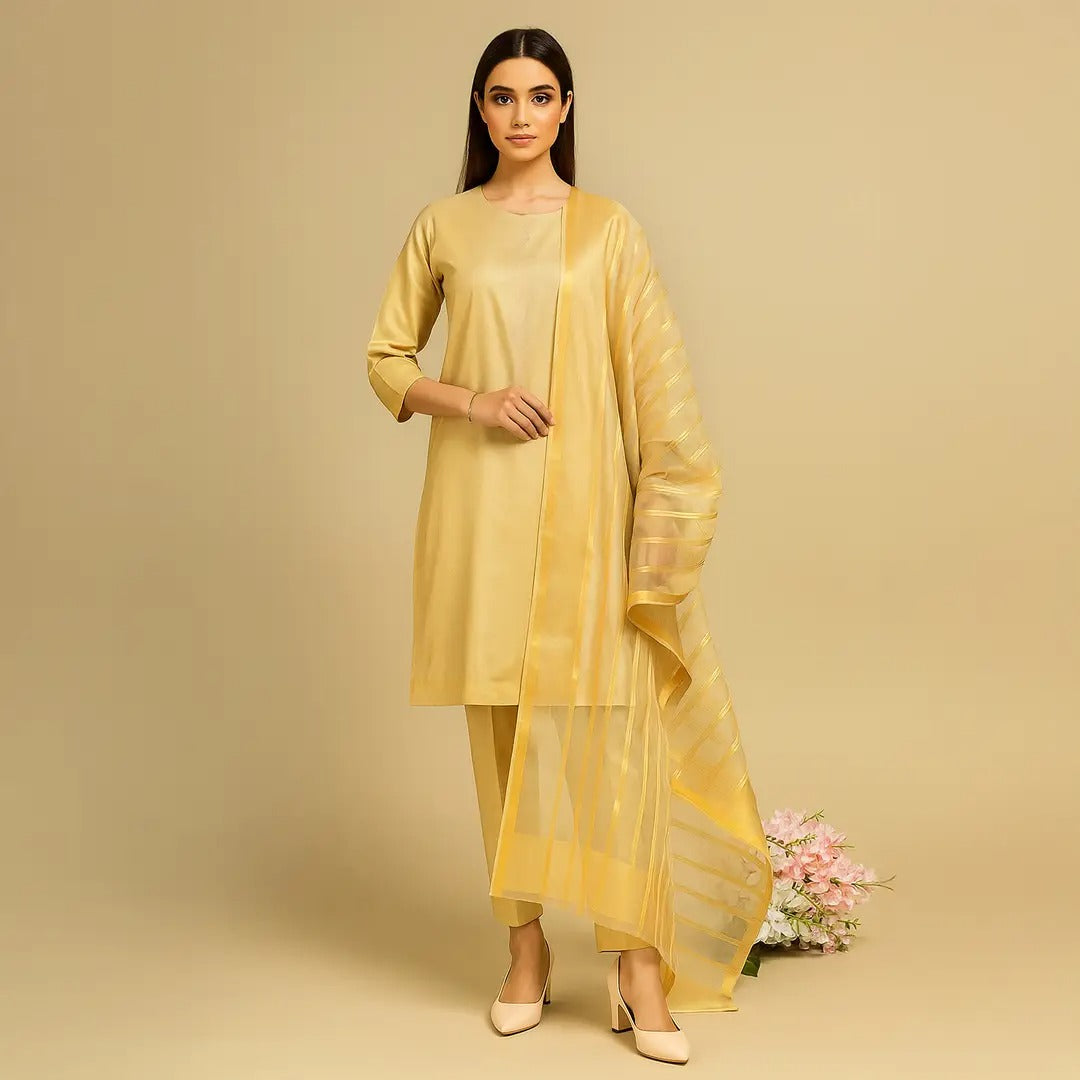Premium Katan Silk Unstitched 3 Piece Suit With Organza Dupatta For Women