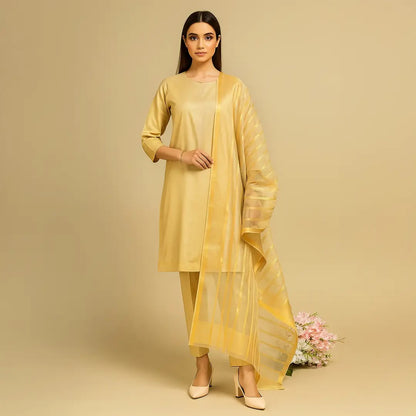 Premium Katan Silk Unstitched 3 Piece Suit With Organza Dupatta For Women