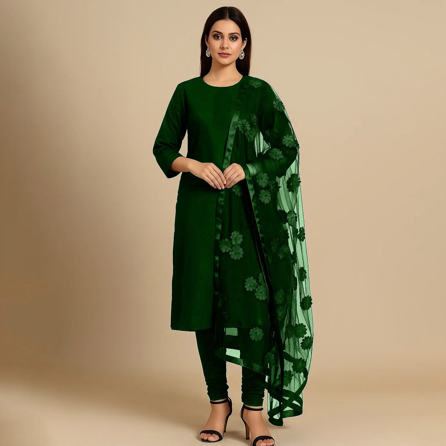 Premium Katan Silk Unstitched 3 Piece Suit With Net Dupatta For Women