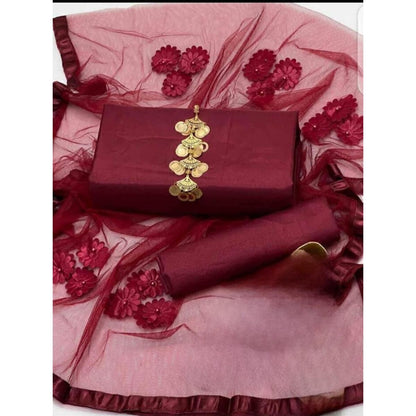 Premium Katan Silk Unstitched 3 Piece Suit With Net Dupatta For Women