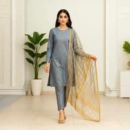 Premium Katan Silk Unstitched 3 Piece Suit With Organza Dupatta For Women