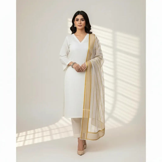 Premium Katan Silk Unstitched 3 Piece Suit With Organza Dupatta For Women