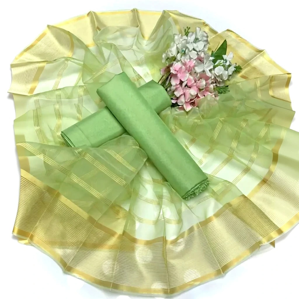 Premium Katan Silk Unstitched 3 Piece Suit With Organza Dupatta For Women