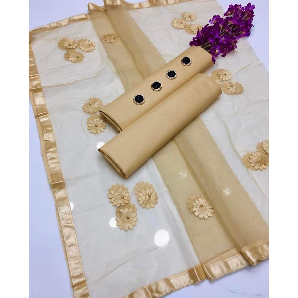 Premium Katan Silk Unstitched 3 Piece Suit With Net Dupatta For Women