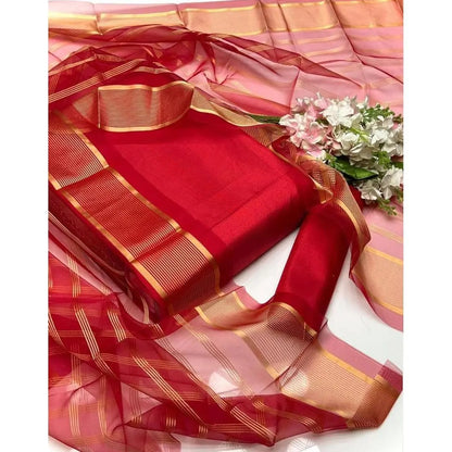 Premium Katan Silk Unstitched 3 Piece Suit With Organza Dupatta For Women
