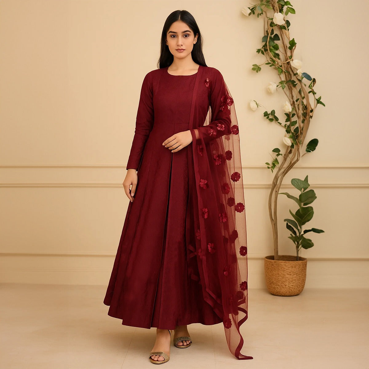 Premium Katan Silk Unstitched 3 Piece Suit With Net Dupatta For Women