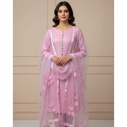 Premium Katan Silk Unstitched 3 Piece Suit With Net Dupatta For Women