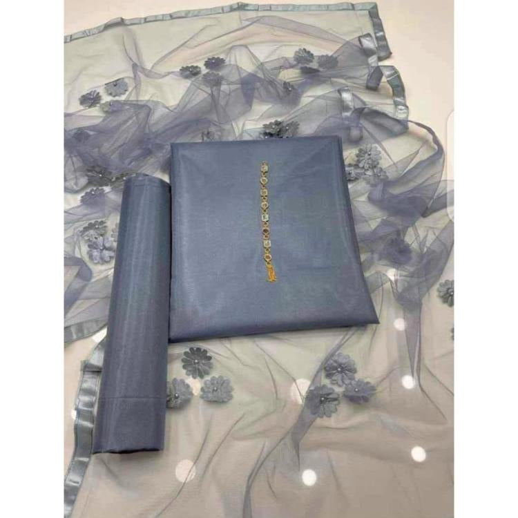 Premium Katan Silk Unstitched 3 Piece Suit With Net Dupatta For Women