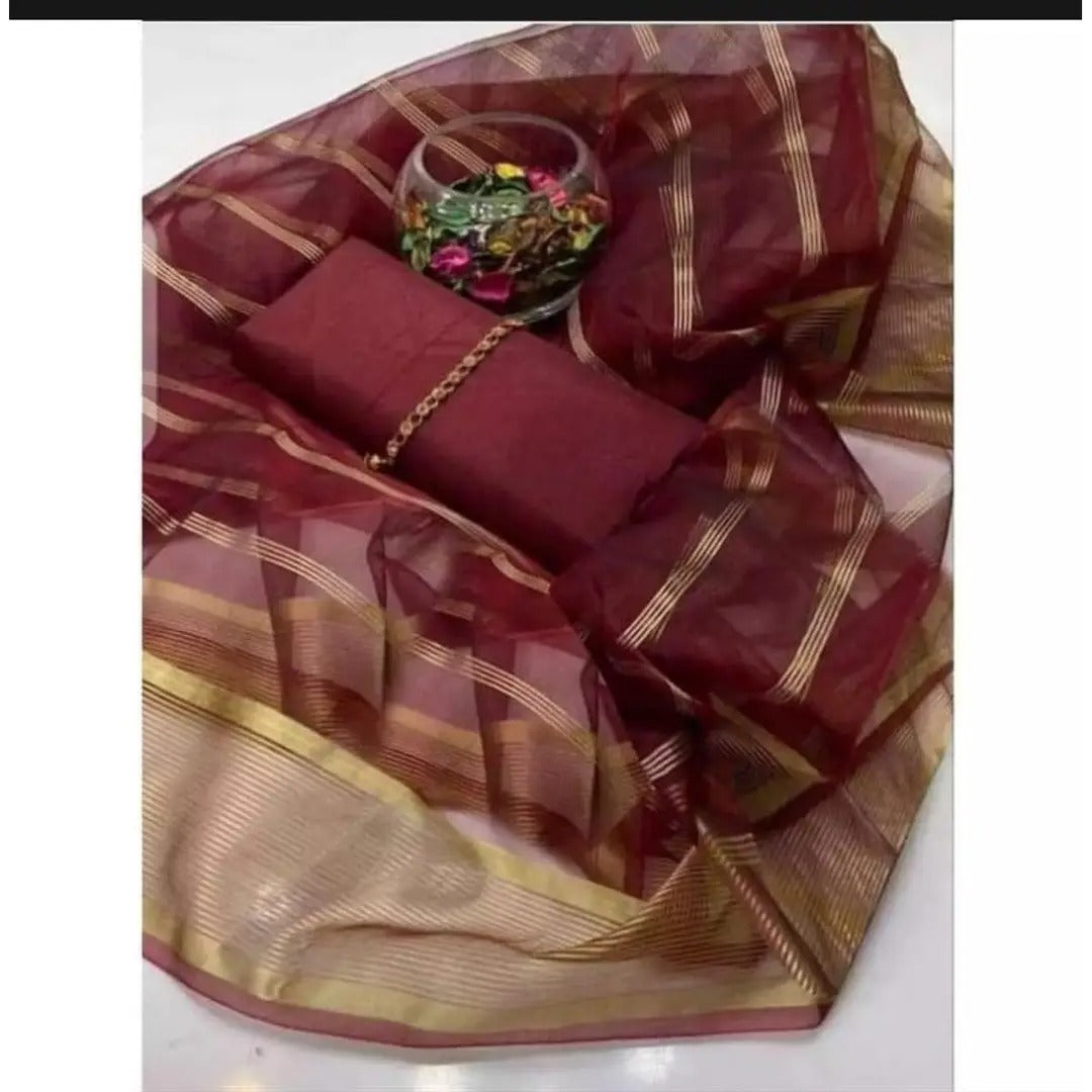 Premium Katan Silk Unstitched 3 Piece Suit With Organza Dupatta For Women