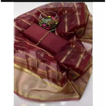 Premium Katan Silk Unstitched 3 Piece Suit With Organza Dupatta For Women