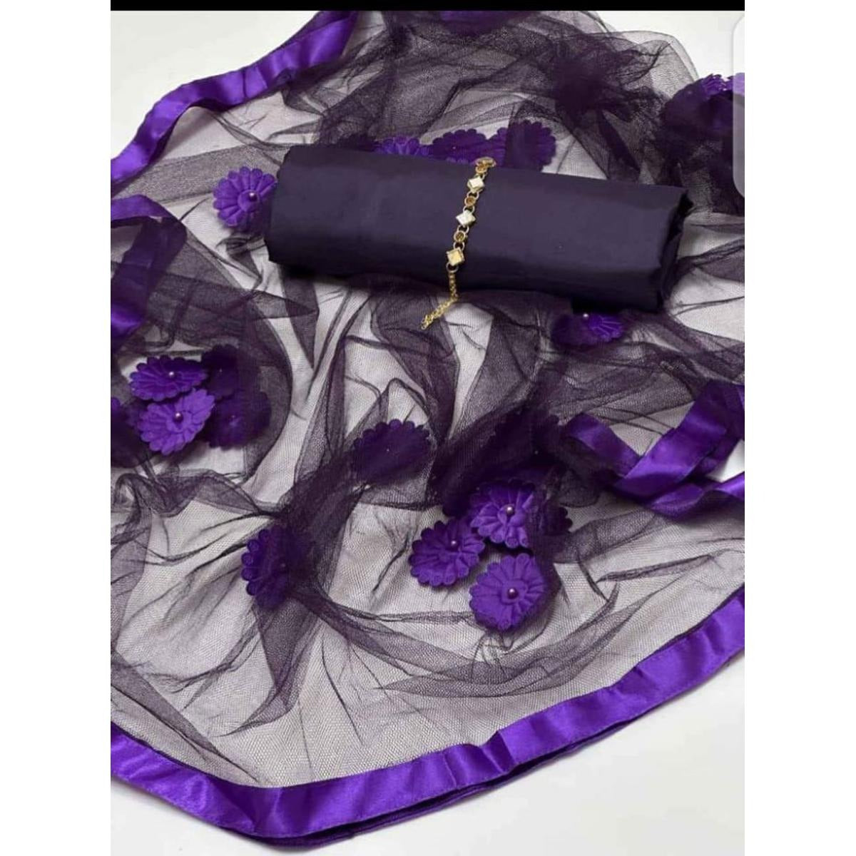 Premium Katan Silk Unstitched 3 Piece Suit With Net Dupatta For Women