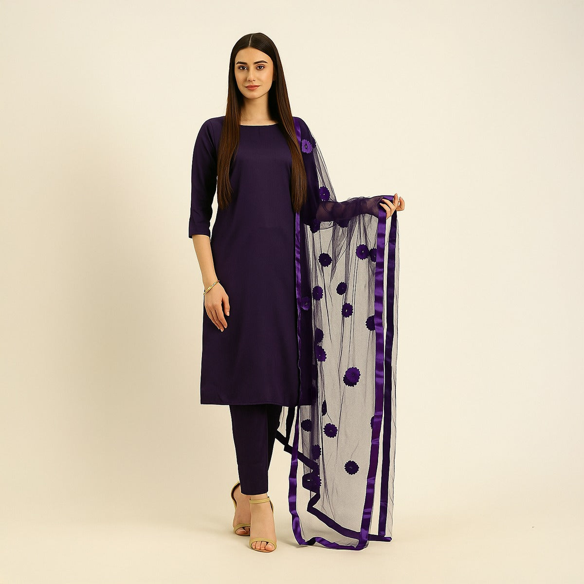 Premium Katan Silk Unstitched 3 Piece Suit With Net Dupatta For Women