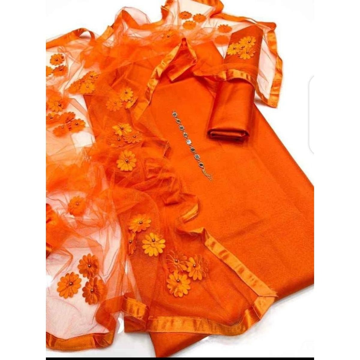 Premium Katan Silk Unstitched 3 Piece Suit With Net Dupatta For Women