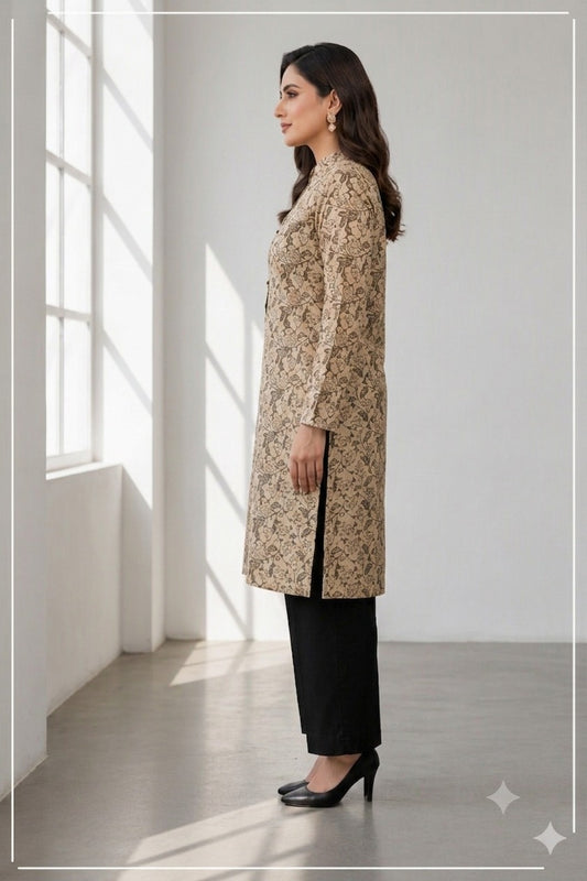 Unstitched Black Allover Block Printed 2-Pcs Katan Silk Suit for Women