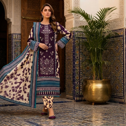 3 Piece Unstitched Lawn Suit for Women | Printed Shirt, Dupatta & Trouser