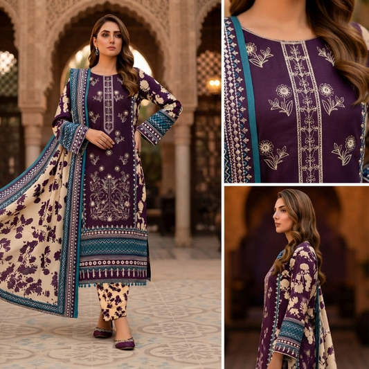 3 Piece Unstitched Lawn Suit for Women | Printed Shirt, Dupatta & Trouser