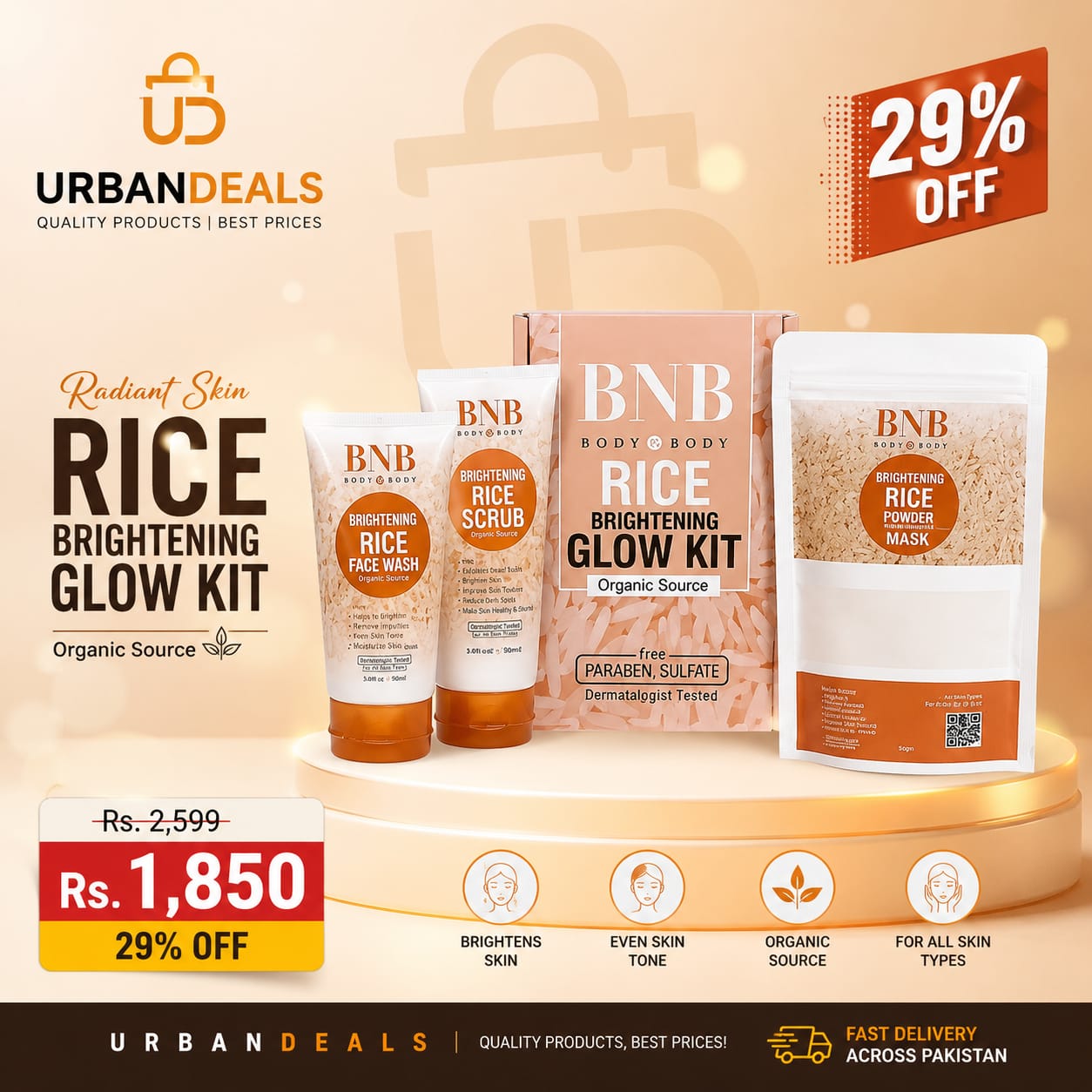 BNB Rice Extract Bright & Glow Facial Kit | 3-in-1 Whitening, Brightening & Hydrating Skincare
